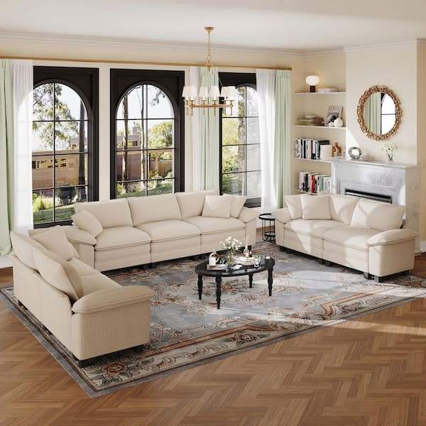 123.6 in. Flared Arm 7-Seat Corduroy Fabric Modular Sectional Sofa in Beige with Throw Pillows for Living Room