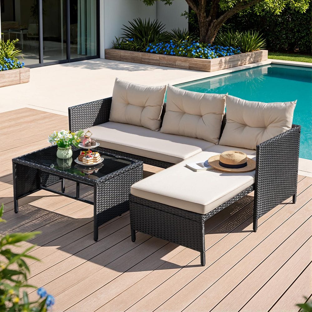 3-Piece Rattan L Shaped Patio Couch Outdoor Sectional Sofa with Beige Cushion and Glass Table for Balcony, Garden price history on PriceWatchPro