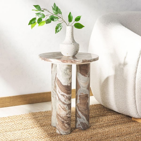 Giabella 16 in. White/Brown Round Marble End Table