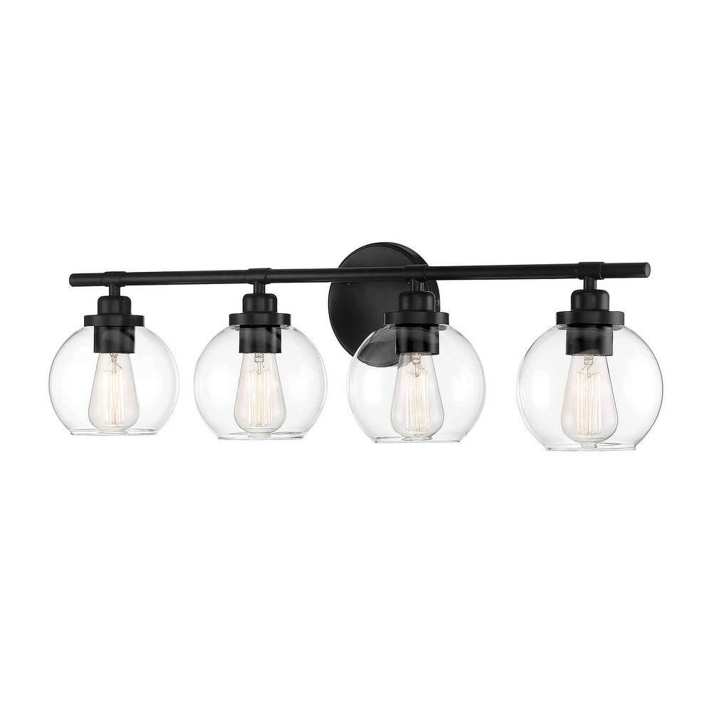Matte Black 4-Light Bathroom Vanity Fixture with Frosted Glass Shades