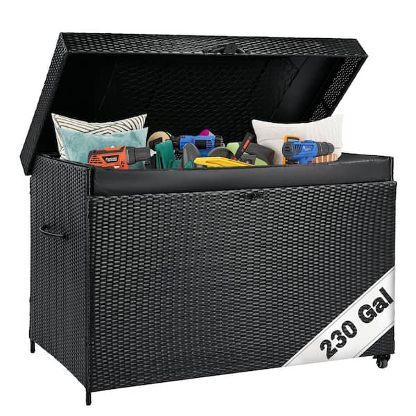 230 Gal. Wicker Deck Box All-Weather Outdoor Storage Box with Wheels in Black