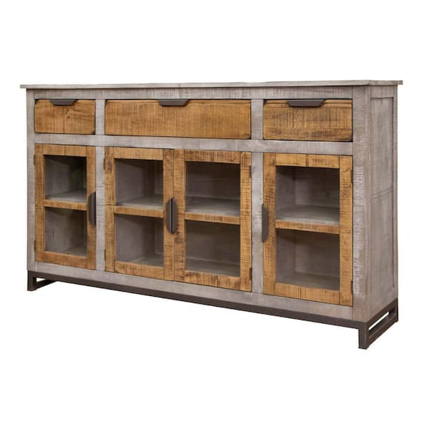 Benjara Gray and Brown Wood Top 67.75 in. Sideboard with 3 Drawer and 4-Door