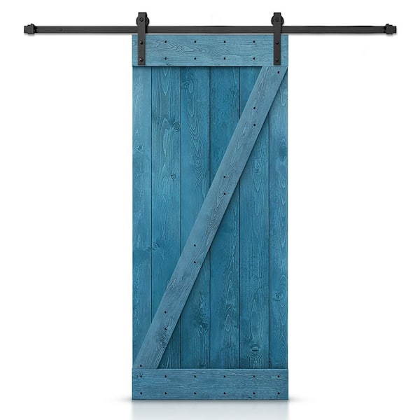 CALHOME Z Bar Series 24 in. x 84 in. Pre-Assembled Ocean Blue Stained Wood Interior Sliding Barn Door with Hardware Kit
