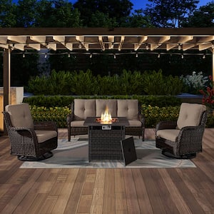 ArcoBay 4-Piece Brown Wicker Patio Square Fire Pit Conversation Set with Gray Cushions and Swivel Rocking Chairs