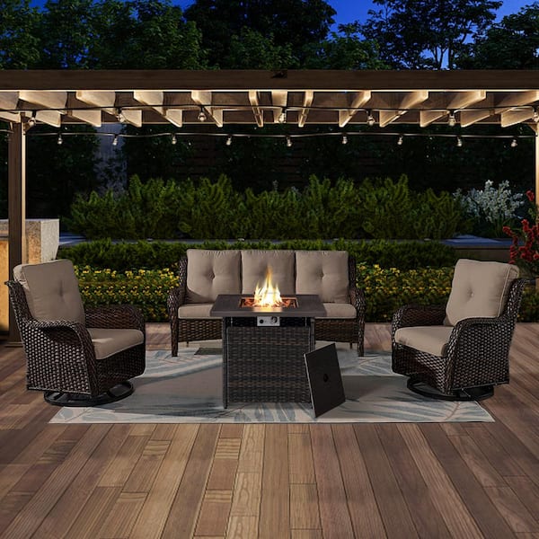 Opohoro ArcoBay 4-Piece Brown Wicker Patio Square Fire Pit Conversation Set with Gray Cushions and Swivel Rocking Chairs