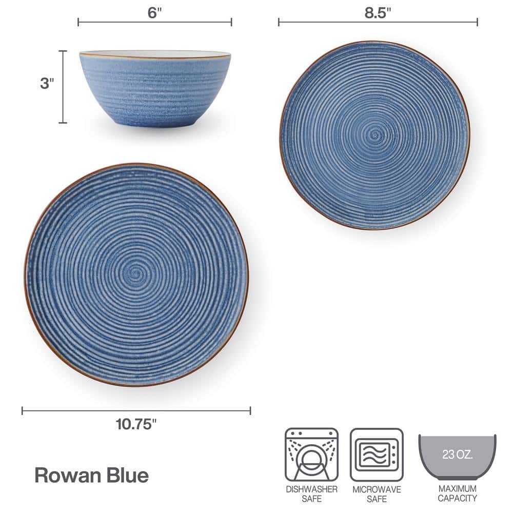 Rowan Blue Ceramic 12-Piece Dinnerware Set, Service for 4