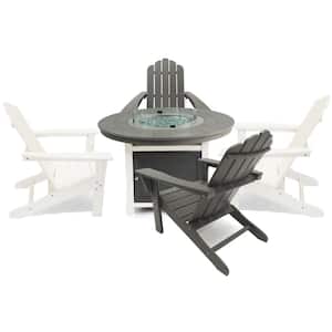 Vail 48 in. 2-Tone Gray Round Top Fire Pit, 5-Piece Plastic Patio Conversation Set with White and Gray Marina Chairs