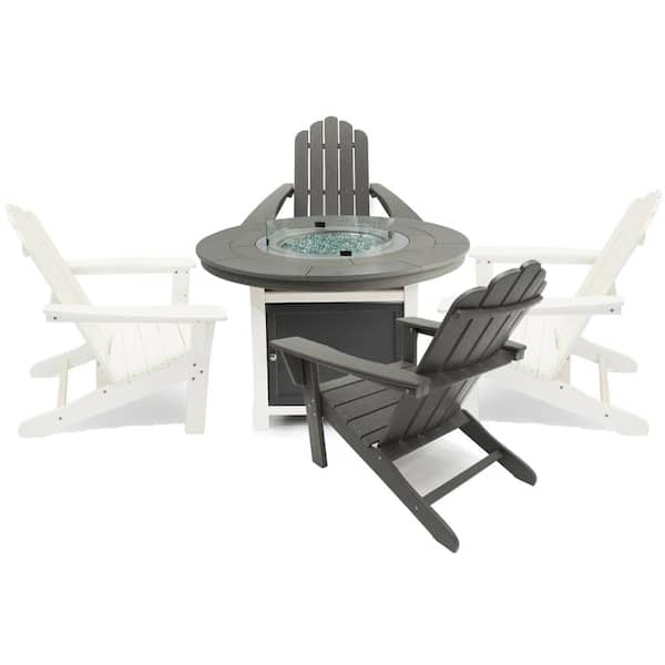 LuXeo Vail 48 in. 2-Tone Gray Round Top Fire Pit, 5-Piece Plastic Patio Conversation Set with White and Gray Marina Chairs