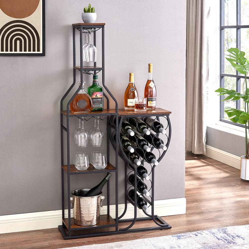 Rustic Brown 5-Tier Freestanding Wine Rack with Glass Holder