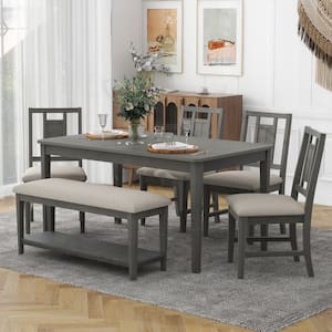 6 Piece Dark Gray and Off-white Rectangle Wood Retro Dining Set with Upholstered Chairs and Bench with Shelf