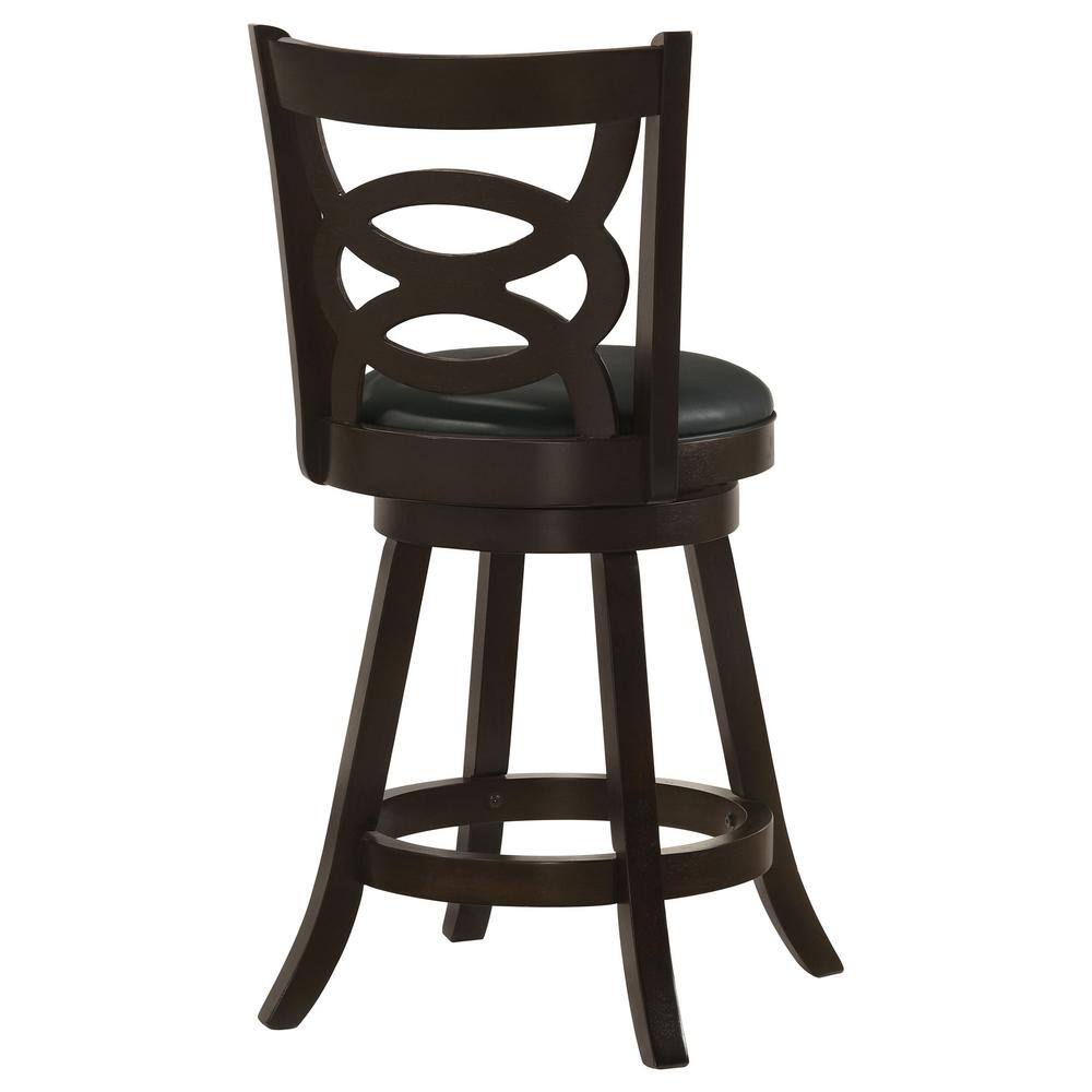 Elegante Swivel 37.5" Black Leather and Wood Counter Stool