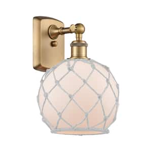 Farmhouse Rope 8 in. 1-Light Brushed Brass Wall Sconce with White Glass with White Rope Glass and Rope Shade