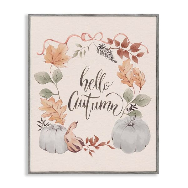 Stupell Industries Hello Autumn with Garland by Andrea Jasid Grassi Gray Framed Animal Giclee Art Print 14 in. x 11 in.