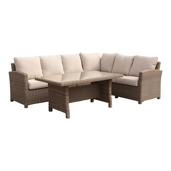 Courtyard Casual Capri 5-Piece Aluminum Sectional with Chow Dining and Middle Extension Chair with Cream Cushions