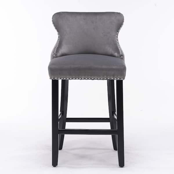 Gray Velvet Upholstered Wing-Back Barstools with Button Tufted Decoration and Chrome Nailhead Trim, Set of 2