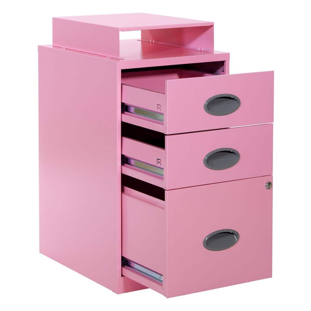 Pink 3-Drawer Lockable Metal File Cabinet with Top Shelf