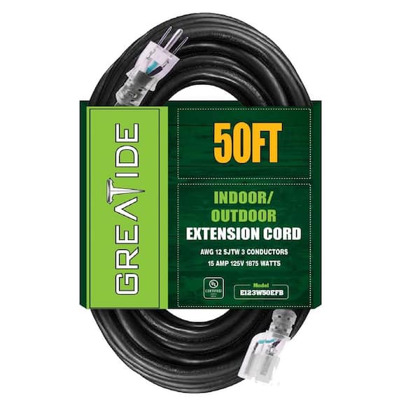 Etokfoks 50 ft. 12/3 Heavy Duty Outdoor Extension Cord with 3 Prong Grounded Plug-15 Amps Power Cord Black