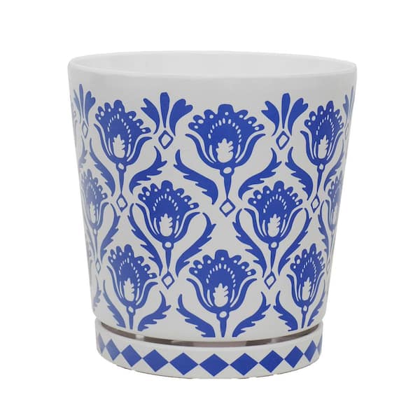 MPG 8.75 in. L x 8.75 in. W x 9 in. H Royal Blue and White Ikat Pattern Melamine Pot with In-Line Saucer