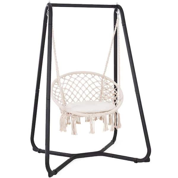 Atesun Hammock Chair Macrame Swing with Stand, Beige