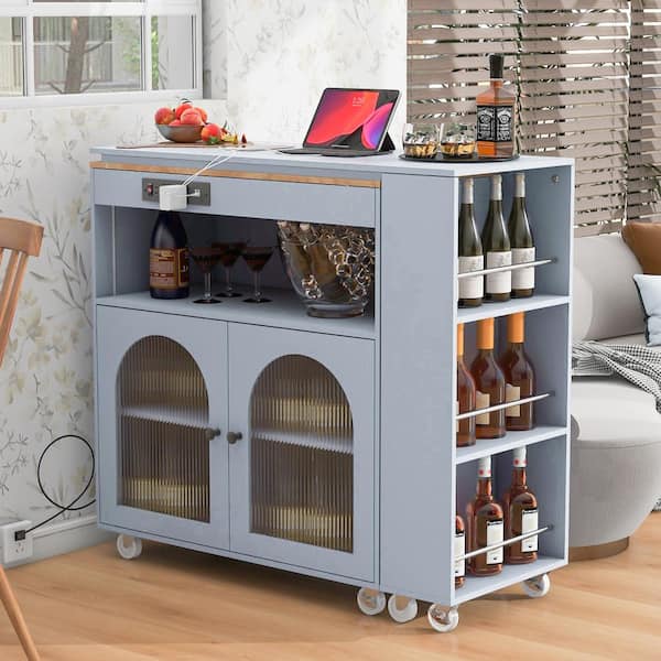 Clihome Grey Wood 33.22 in. Buffet with Wheels and LED Lights, Power Outlets