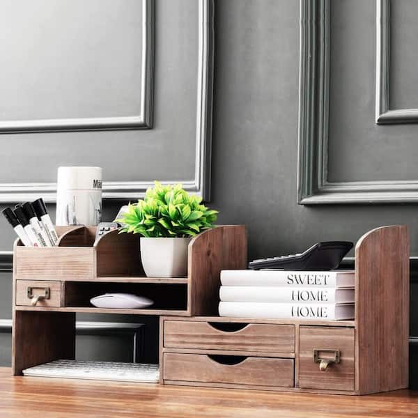 Brown 15 in. x 11 in. Wood Desk Organizer For Desktop, Tabletop