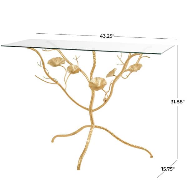 43 in. Gold Extra Large Rectangle Metal Branch Floral Console Table with Glass Top