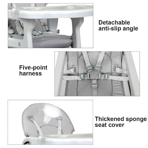 3 in 1 Grey Plastic Baby High Chair w/AdjusTable Seat Back and Removable Trays