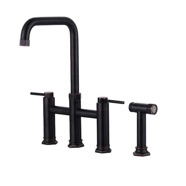 VEVETTA 2-Handle High-Arc 4-Hole Deck-Mount Kitchen Faucet with Side Sprayer in Solid Brass Oil Rubbed Bronze