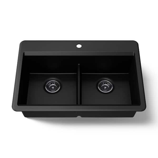 KOHLER Lassen 33 in. Drop-in Double Bowl Granite Composite Kitchen Sink in Matte Black