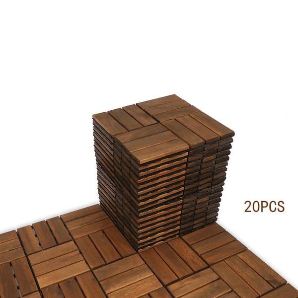 GOGEXX 12 in. x 12 in. Outdoor Brown Checker Pattern Square Wood Interlocking Waterproof Flooring Deck Tiles(Pack of 20 Tiles)