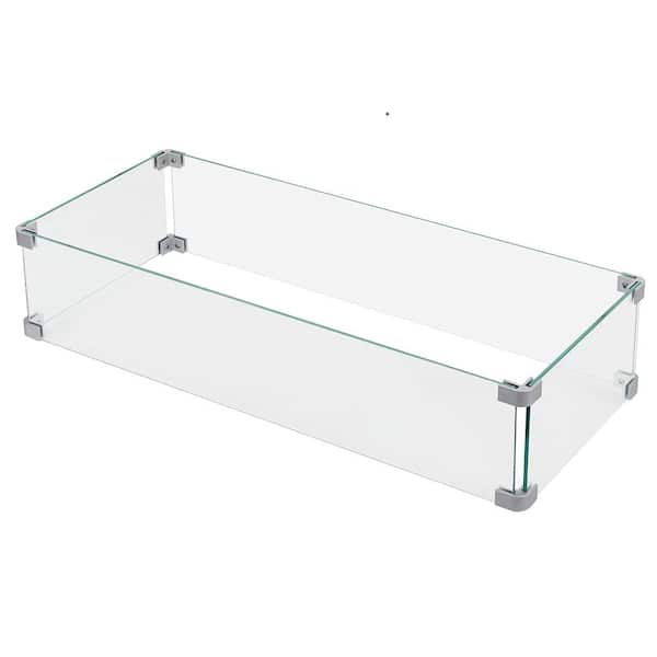 Fire Pit Wind Guard 27.1 in. x 11.6 in. x 5.5 in. Rectangular Transparent Tempered Glass with Polished Aluminum Brackets