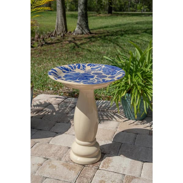 Kenroy Home Brandy Blue And Cream Glazed Ceramic Pedestal Birdbath 51085blu The Home Depot