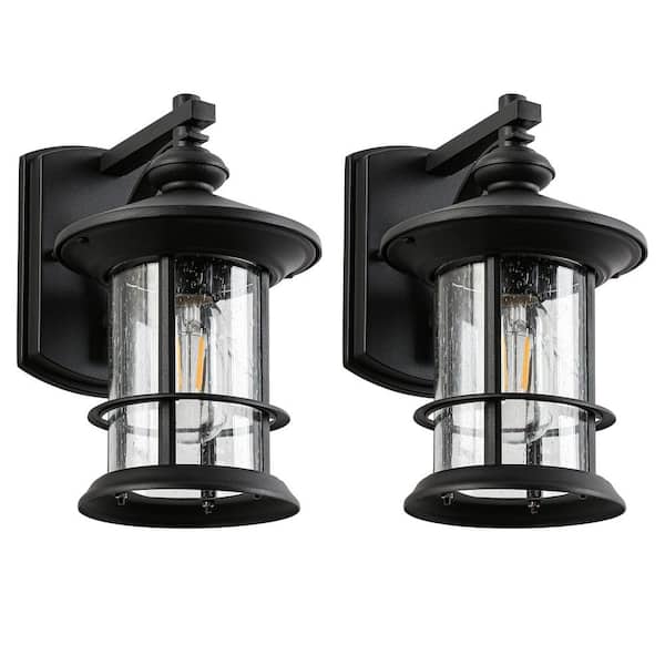 1-Light Matte Black Waterproof Outdoor Hardwired Wall Lantern Sconce with Clear Glass, No Bulbs Included (2-Pack)
