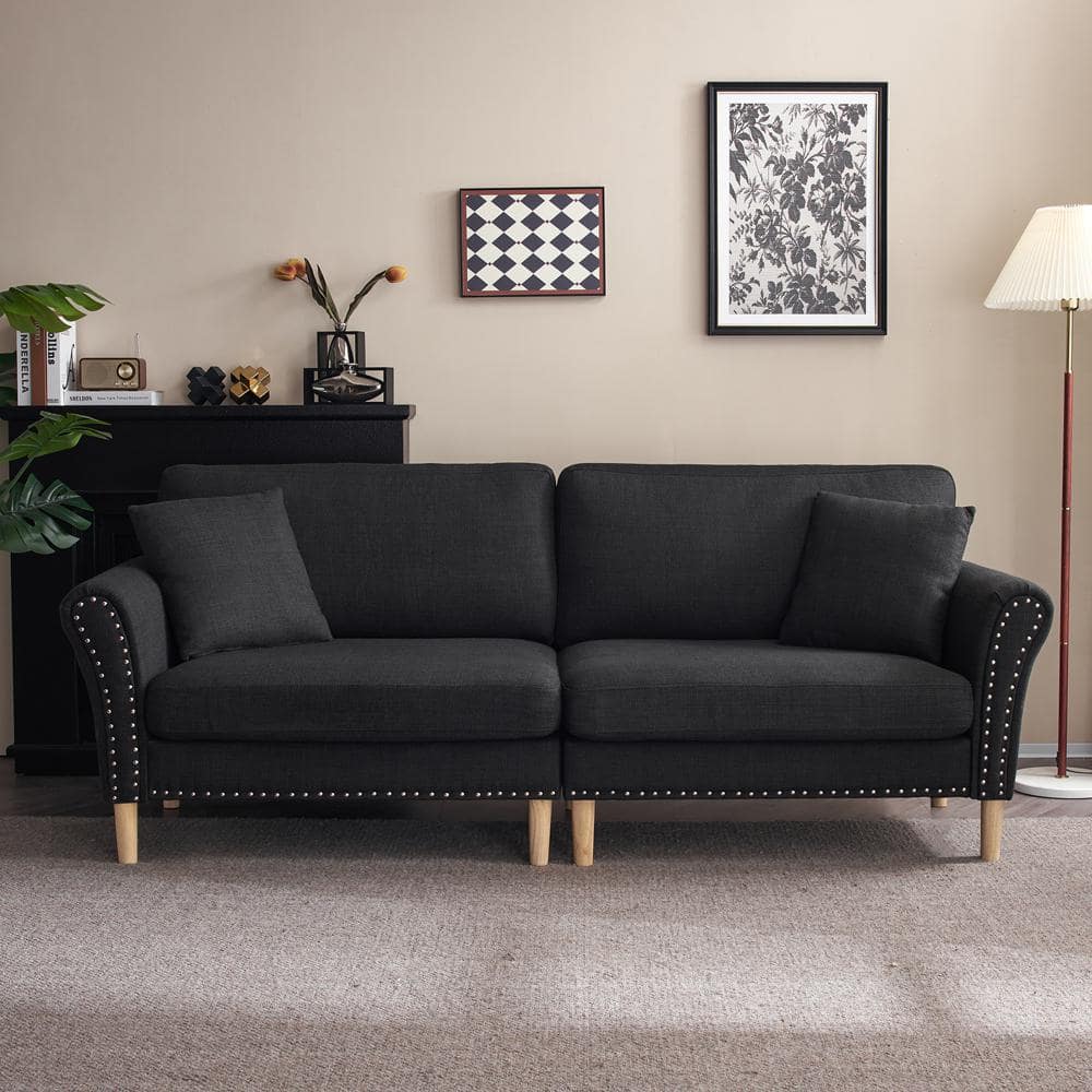 Karl home 84.25 in. Black Linen 2-Seater Loveseat with Copper Nail ...