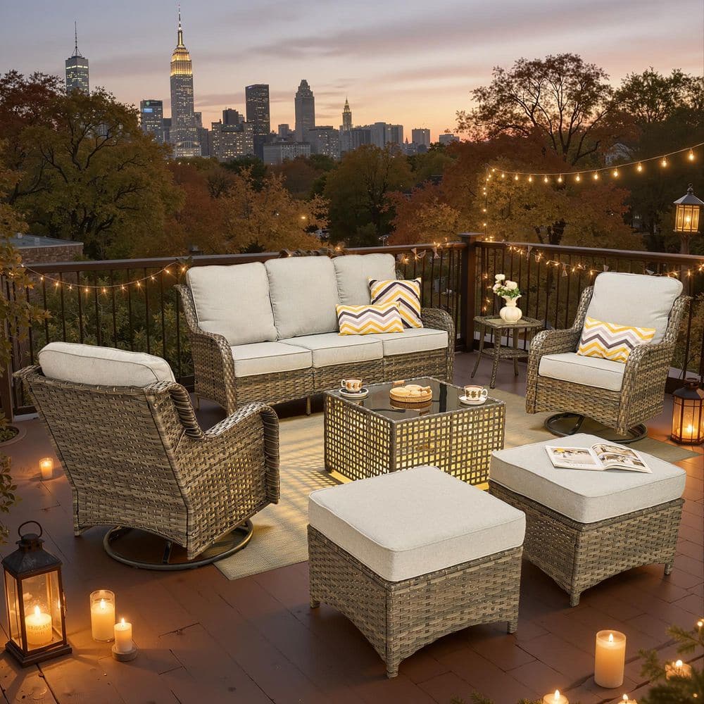 Hot Deals Nerium 7-Piece Wicker Outdoor Patio Conversation Set with Swivel Rocking Chairs and Gray Cushions price history on PriceWatchPro