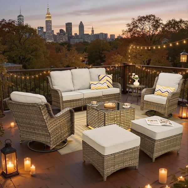 Hot Deals Nerium 7-Piece Wicker Outdoor Patio Conversation Set with Swivel Rocking Chairs and Gray Cushions