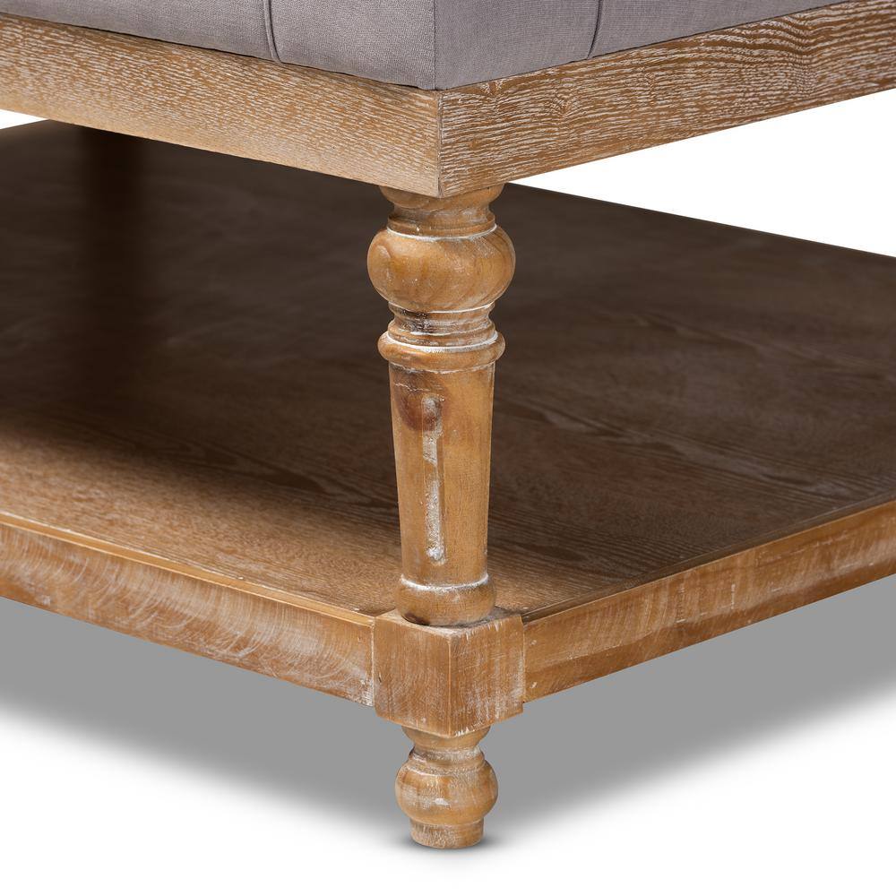 Lindsey Grey Linen and Greywashed Wood Tufted Cocktail Ottoman