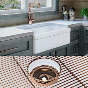 Luxury White Solid Fireclay 30 in. Single Bowl Farmhouse Apron Kitchen Sink with Polished Rose-Gold Accs
