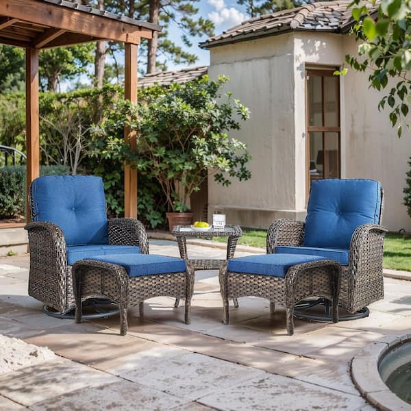 Bellefurn Rotavia 5-Piece Brown Wicker Patio Conversation Set with Swivel Rocking Chairs, Ottomans, Side Table and Blue Cushions