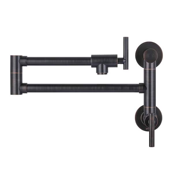 Brass Wall Mounted Pot Filler with Control Double Joint Swing Arm in Oil Rubbed Bronze
