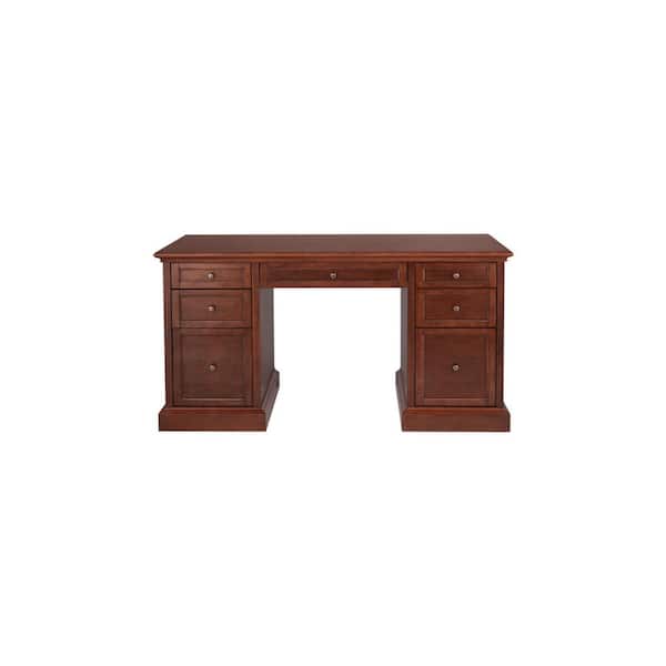 61 in. Rectangular Walnut Brown 7 Drawer Executive Desk with Solid Wood Material