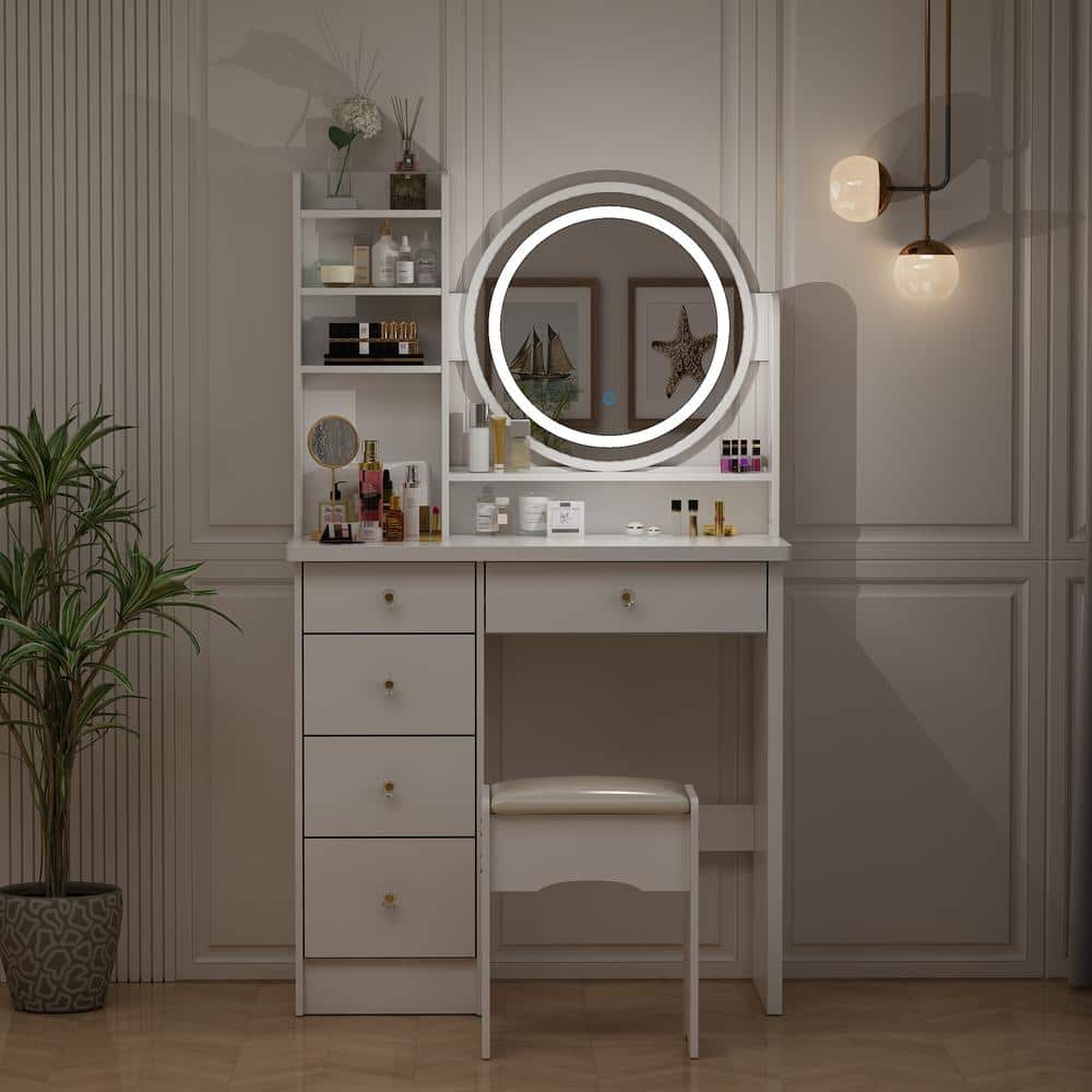 White Wood Makeup Vanity Set with LED Mirror and Stool