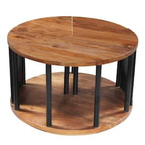 30 in. Natural Brown and Black Round Acacia Wood Handcrafted Coffee Table with 3-Piece Split Design