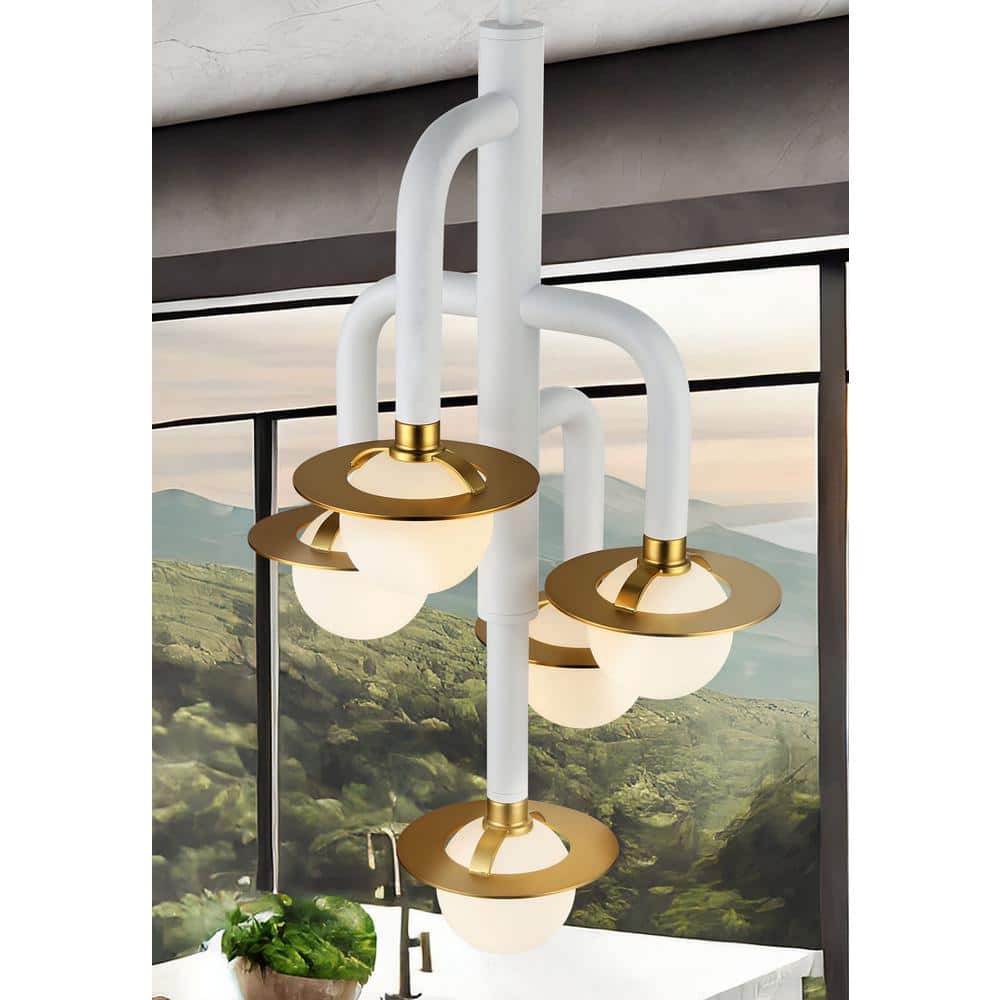 Tubular Matte White and Honey Gold LED Pendant with Etched Opal Glass