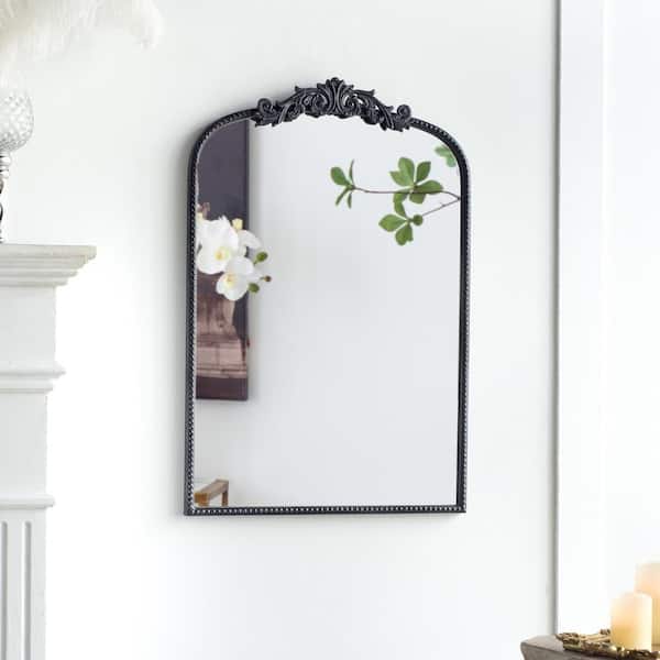 FAMYYT Baroque 24 in. W x 36 in. H Arched Metal Framed Wall Bathroom Vanity Mirror in Black