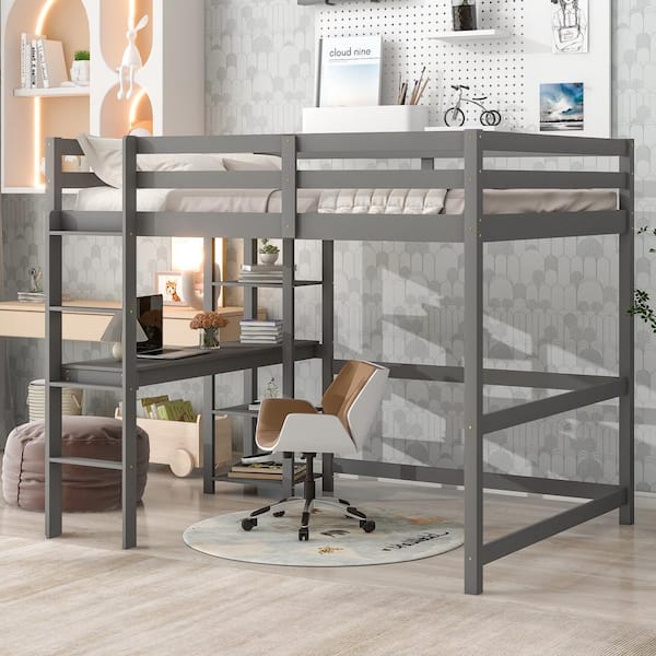 URTR Full Size Wood Gray Loft Bed with Desk, Full Size Loft Beds with Storage Shelves, Wood Loft Bed Frame for Bedroom, Kids