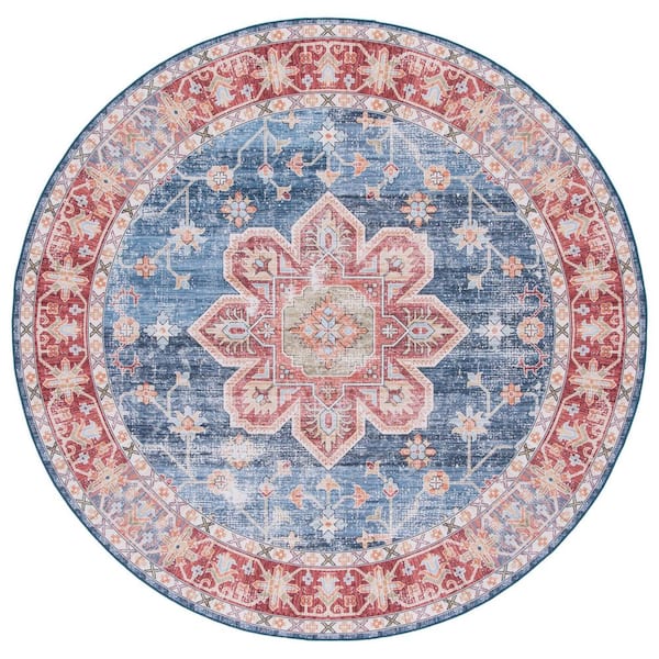 Tucson Blue/Rust 8 ft. x 8 ft. Machine Washable Distressed Ornate Medallion Round Area Rug