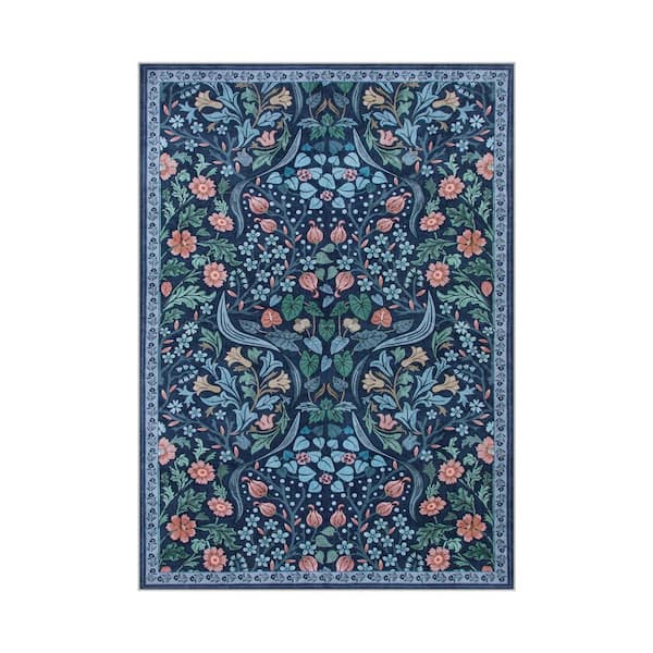 Multi-Colored Floral Plant Washable Blue 5 ft. x 7 ft. Area Rug