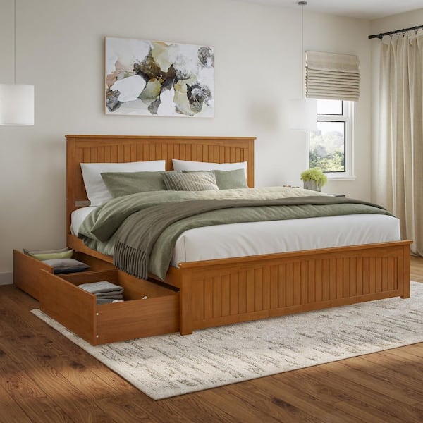 Nantucket Light Toffee Natural Bronze Solid Wood Frame King Platform Bed with Matching Footboard and Storage Drawers