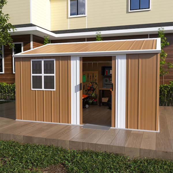 Brown 12 ft. x 10 ft. Heavy-Duty Metal Storage Shed with Windows, Lockable Door and Ventilation for Backyard, Lawn